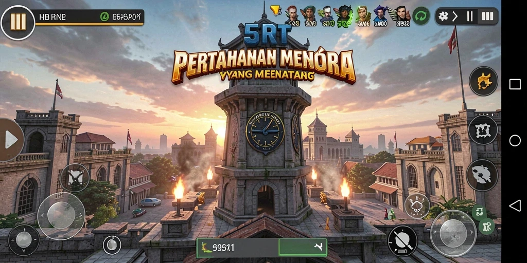 Tangkapan layar gameplay 5RT yang menampilkan pertempuran Tower Defense seru.