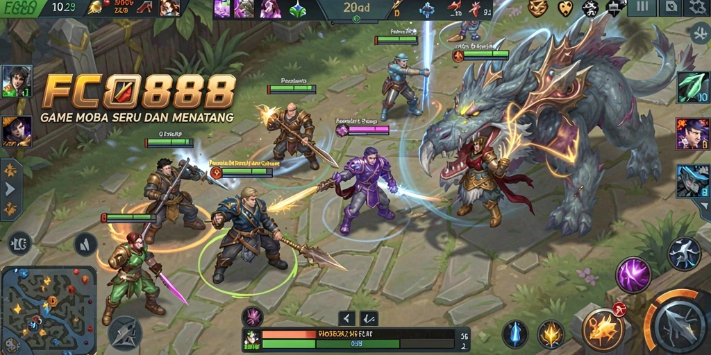 Screenshot gameplay FC888 menampilkan pertempuran epik antara karakter MOBA.