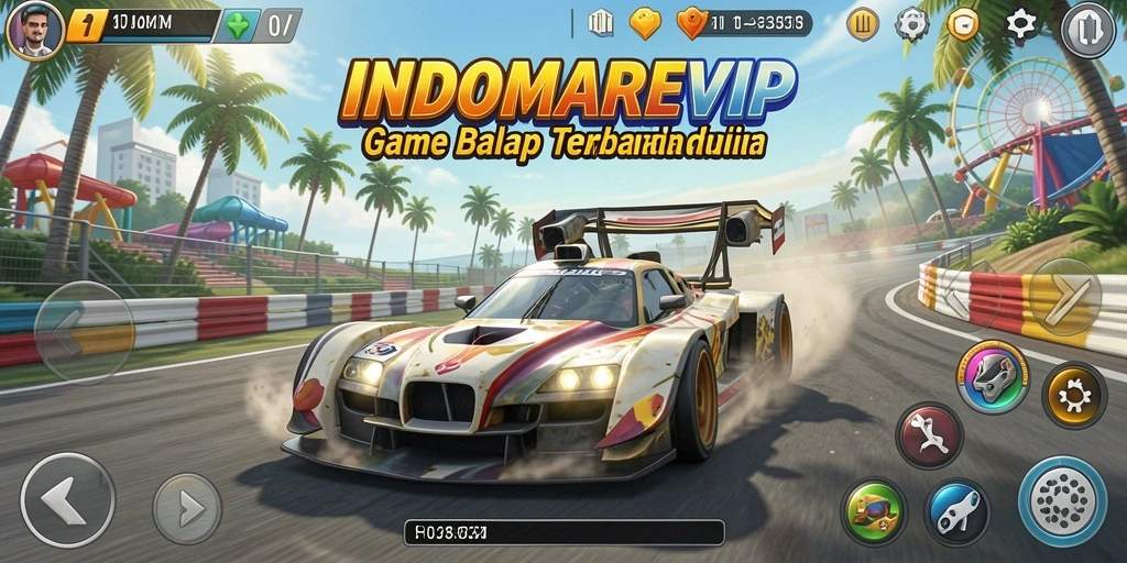 Screenshot gameplay INDOMAREVIP menampilkan balapan seru di lintasan.