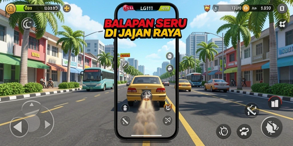 Screenshot gameplay LG111 yang menunjukkan aksi balapan yang mendebarkan.