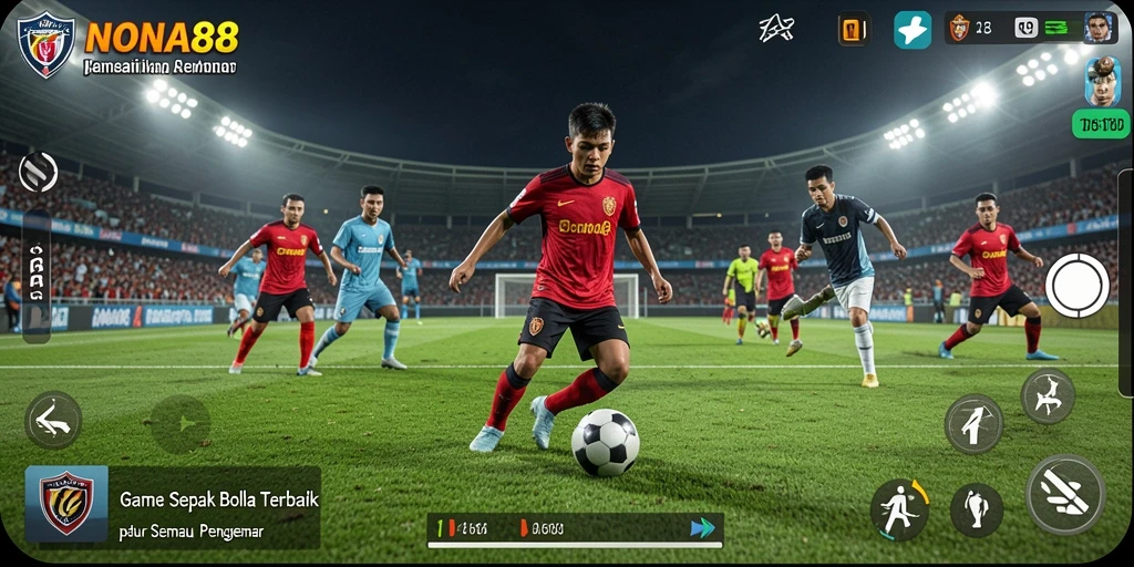 Screenshot gameplay NONA88 menampilkan aksi seru di lapangan sepak bola.