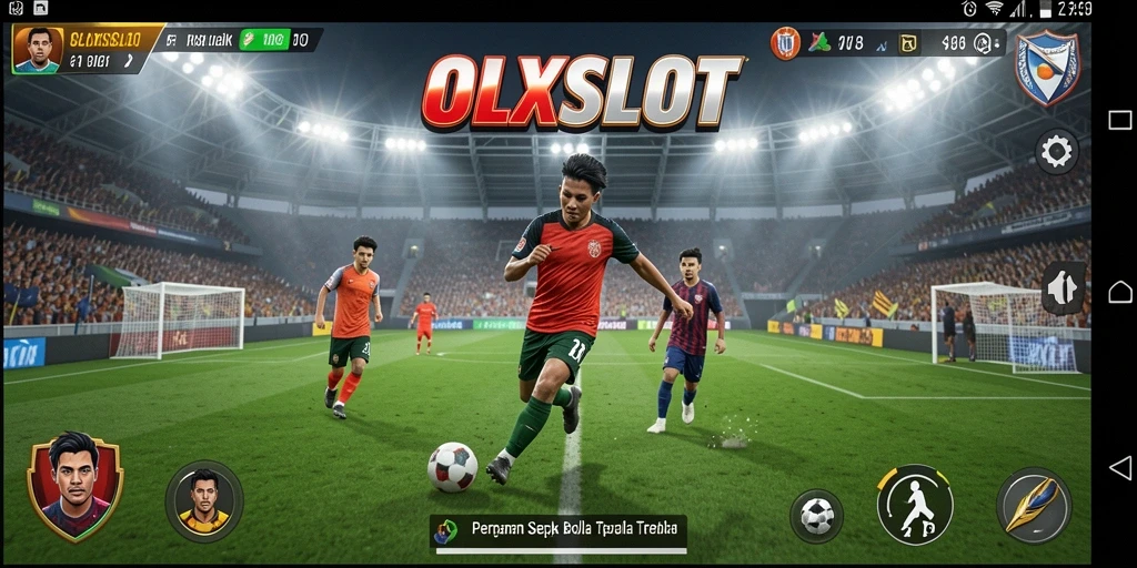 Tangkapan layar gameplay <strong>OLXSLOT</strong> menunjukkan aksi seru di lapangan sepak bola.