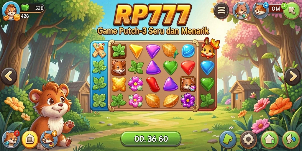 Screenshot gameplay RP777 menampilkan aksi mencocokkan buah-buahan berwarna-warni.