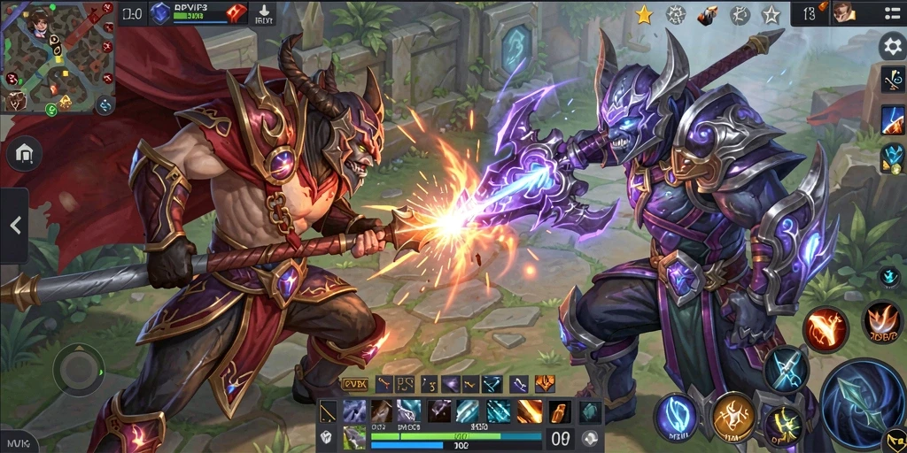 Screenshot RPVIP3 menampilkan pertarungan tim yang mendebarkan dalam arena MOBA.