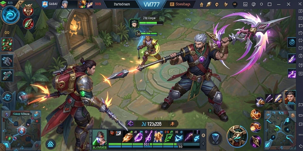 Tangkapan layar gameplay seru dari VM777, menampilkan aksi MOBA yang mendebarkan.