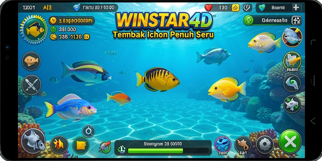 Tampilan gameplay WINSTAR4D yang penuh warna dan seru saat menembak ikan.
